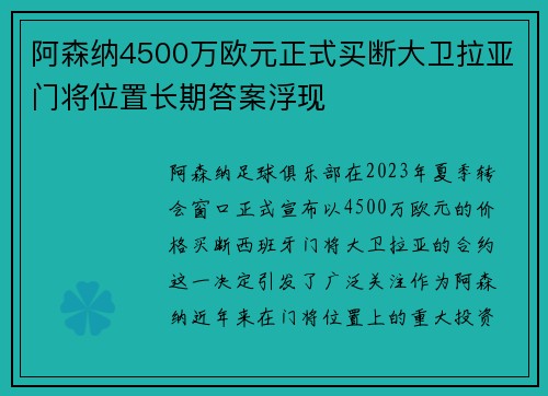阿森纳4500万欧元正式买断大卫拉亚门将位置长期答案浮现